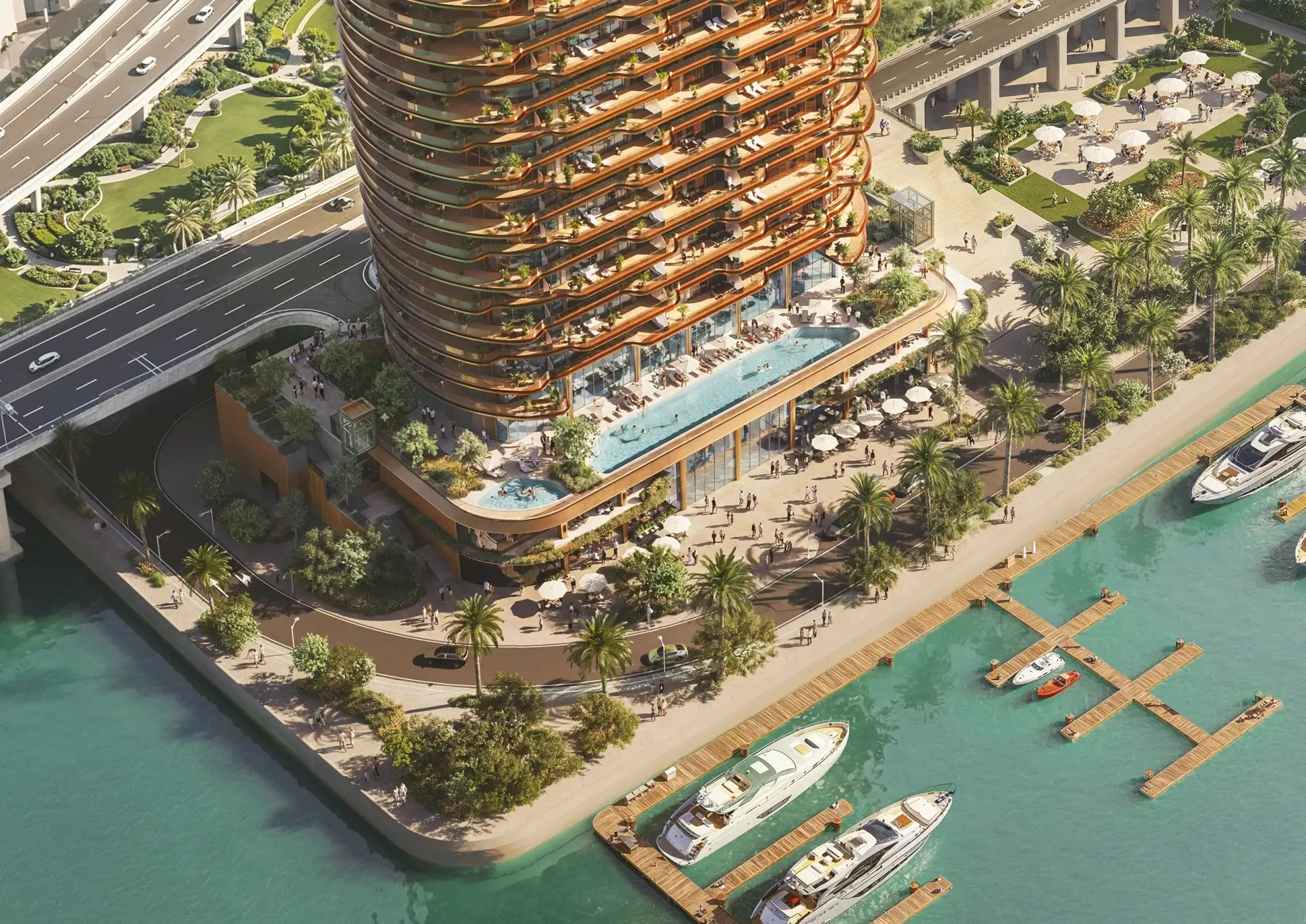 Podium pool and landscaped deck at Jumeirah Residences at Al Maryah Island, Abu Dhabi, beside the marina