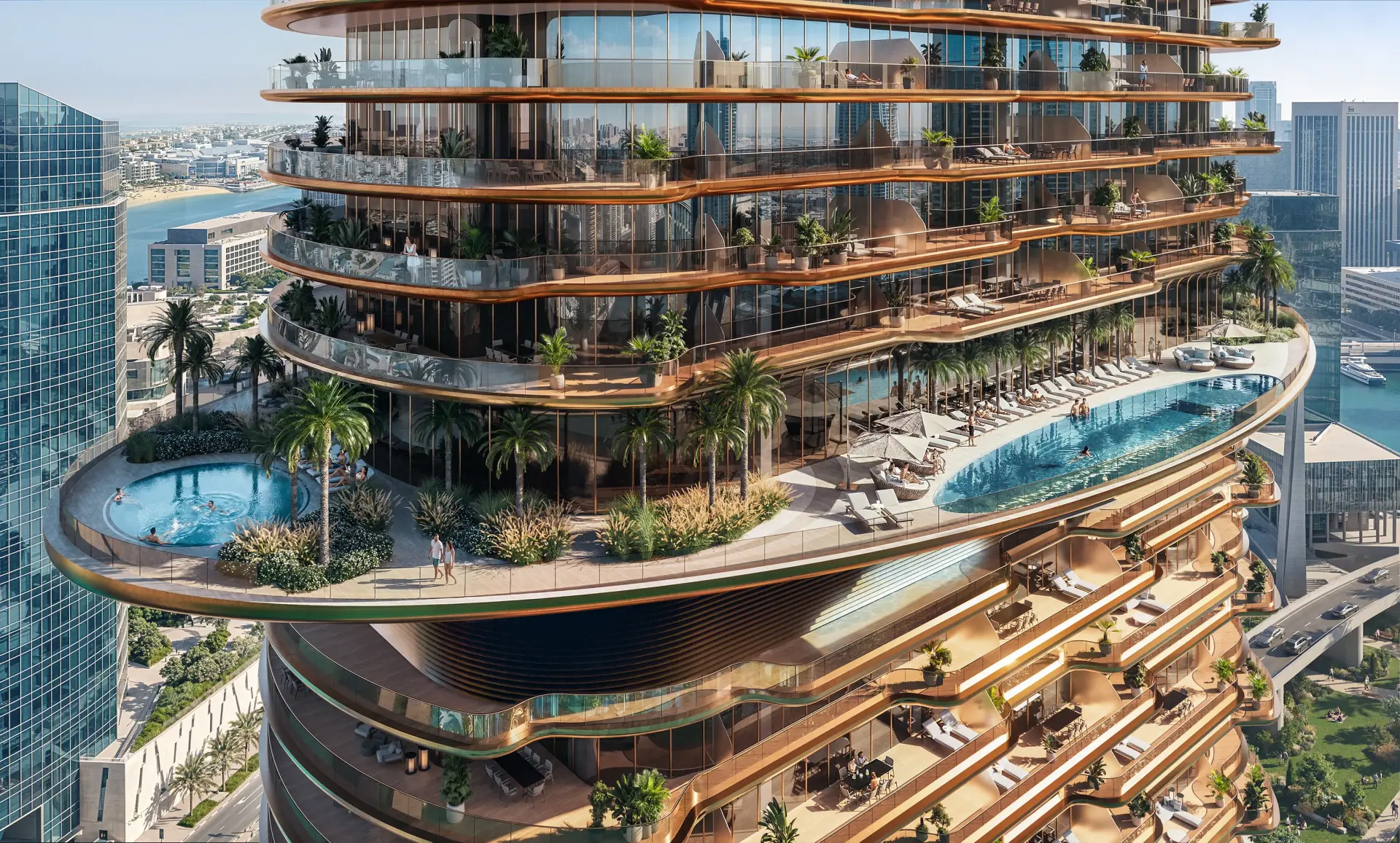 Sky pool deck on an upper level of Jumeirah Residences at Al Maryah Island, Abu Dhabi