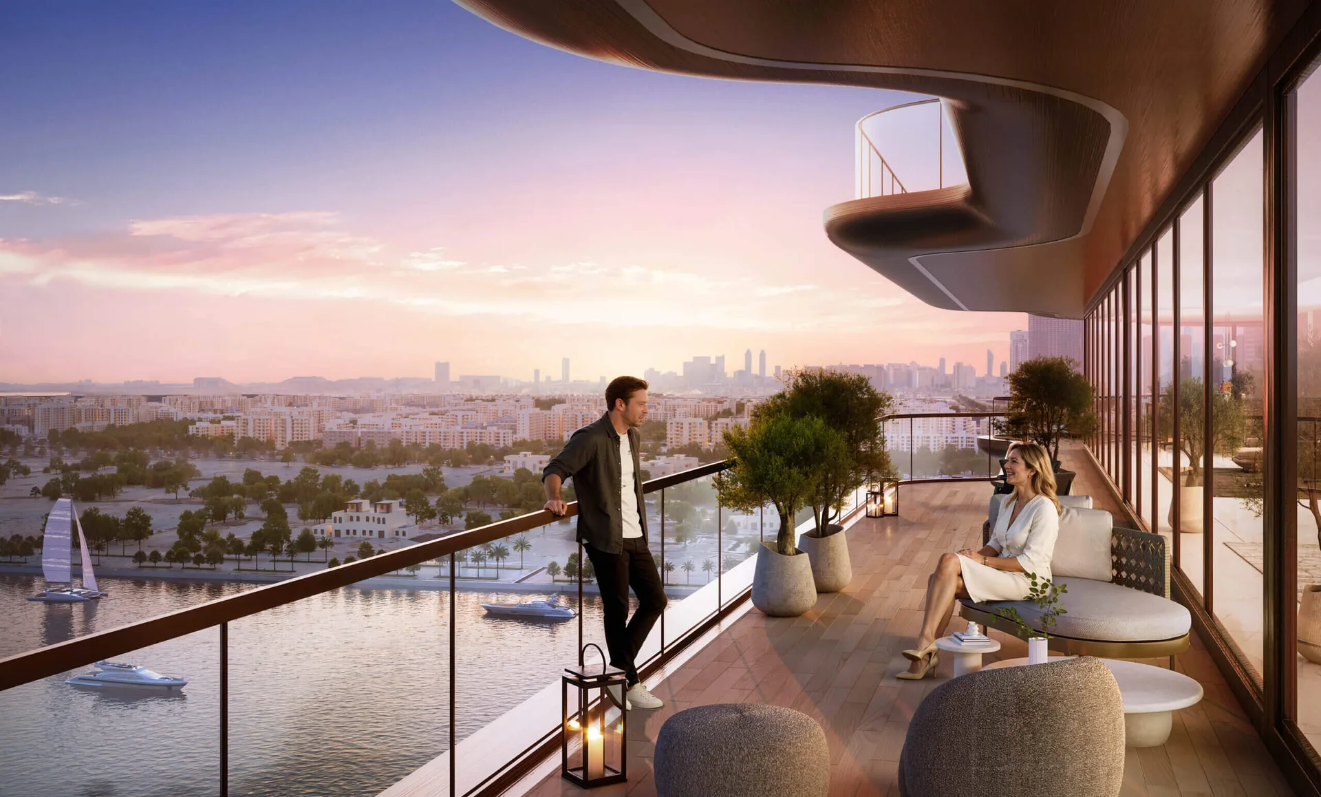 Private terrace at Jumeirah Residences at Al Maryah Island, Abu Dhabi, overlooking the water