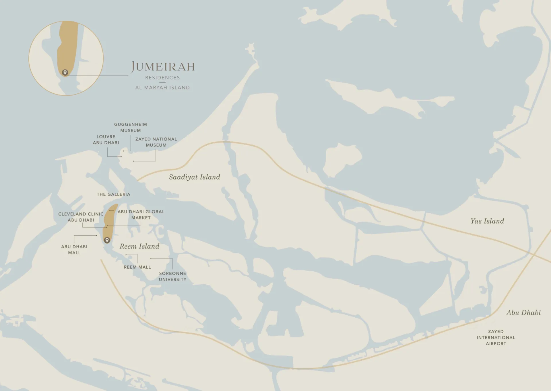 Static location map of Jumeirah Residences at Al Maryah Island, Abu Dhabi, showing nearby islands and landmarks