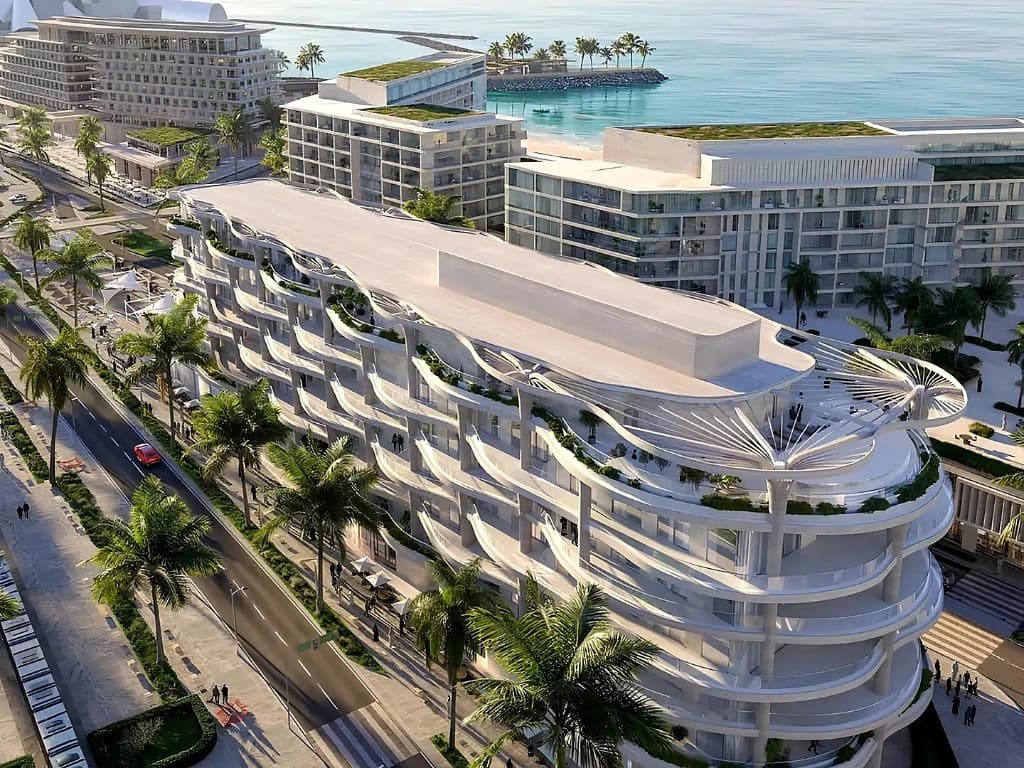 Aerial view of coastal architecture near the beach at Mamsha Palm, Saadiyat Island, Abu Dhabi