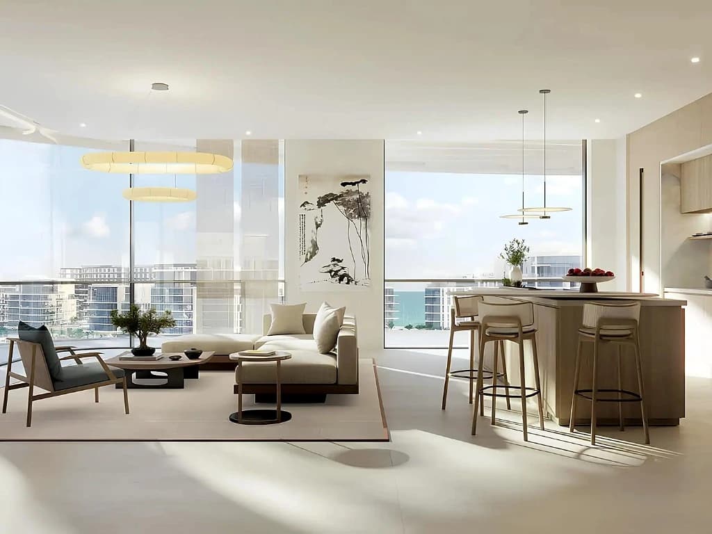Living room and kitchen interior at a Mamsha Palm residence on Saadiyat Island, Abu Dhabi