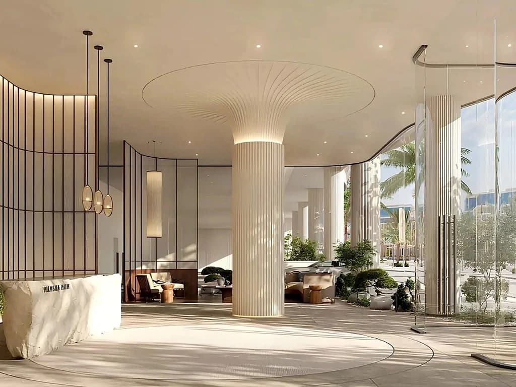 Double-height lobby lounge at Mamsha Palm on Saadiyat Island, Abu Dhabi