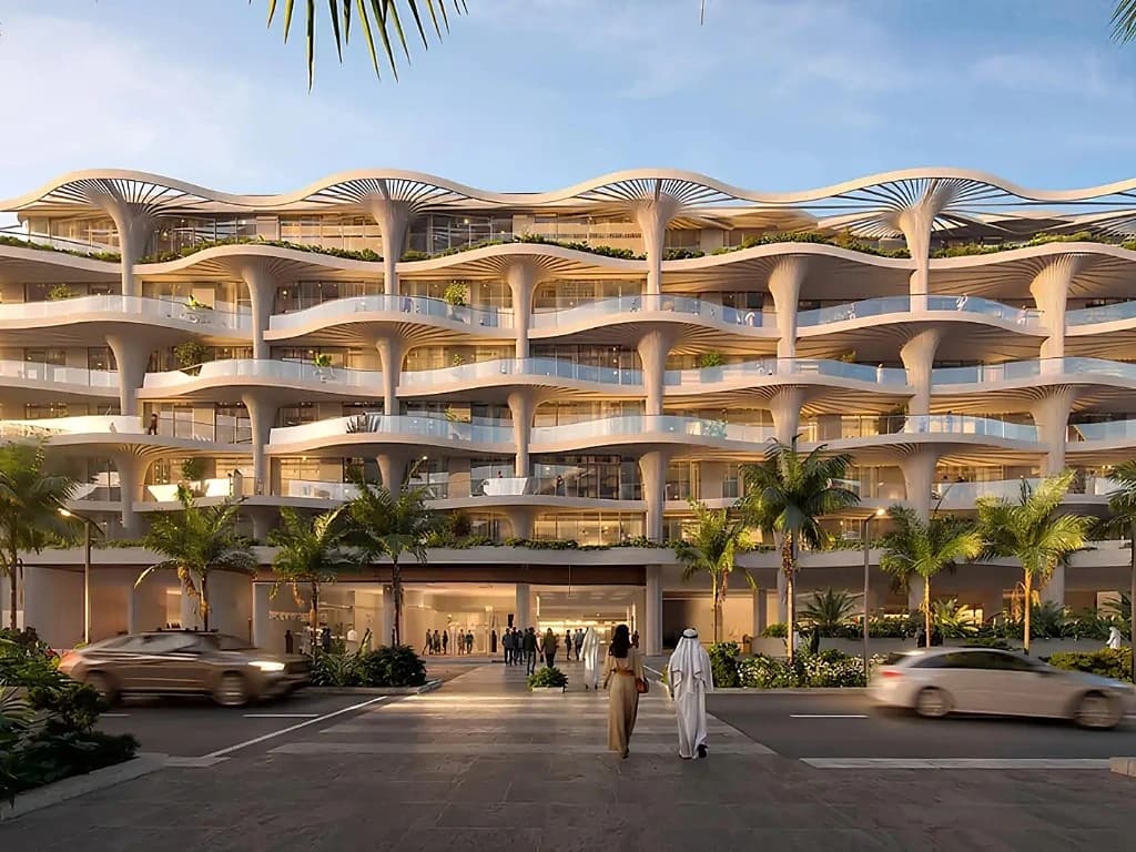Palm-inspired facade of Mamsha Palm residences on Saadiyat Island, Abu Dhabi