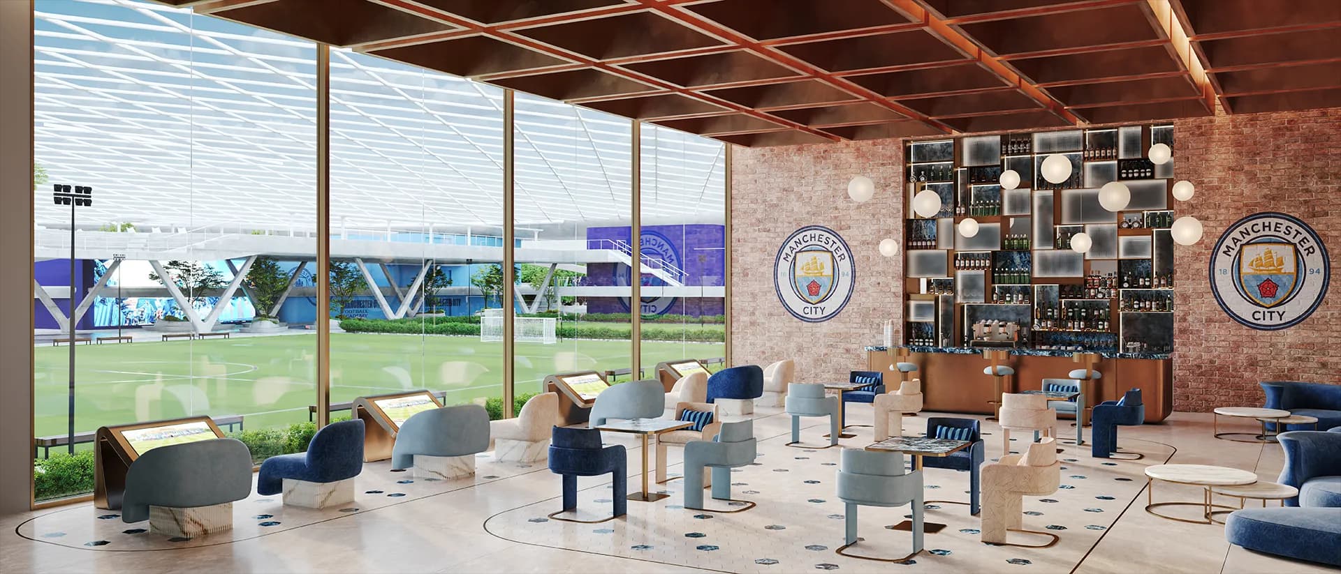 City Lounge with match-day atmosphere at Manchester City Yas Residences, Yas Island, Abu Dhabi
