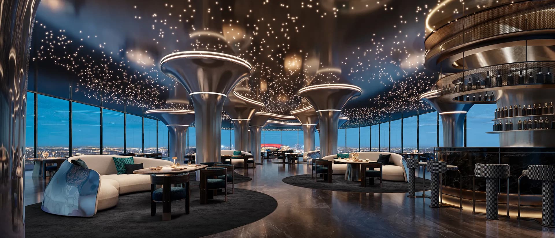 Fine dining restaurant interior at Manchester City Yas Residences, Yas Canal