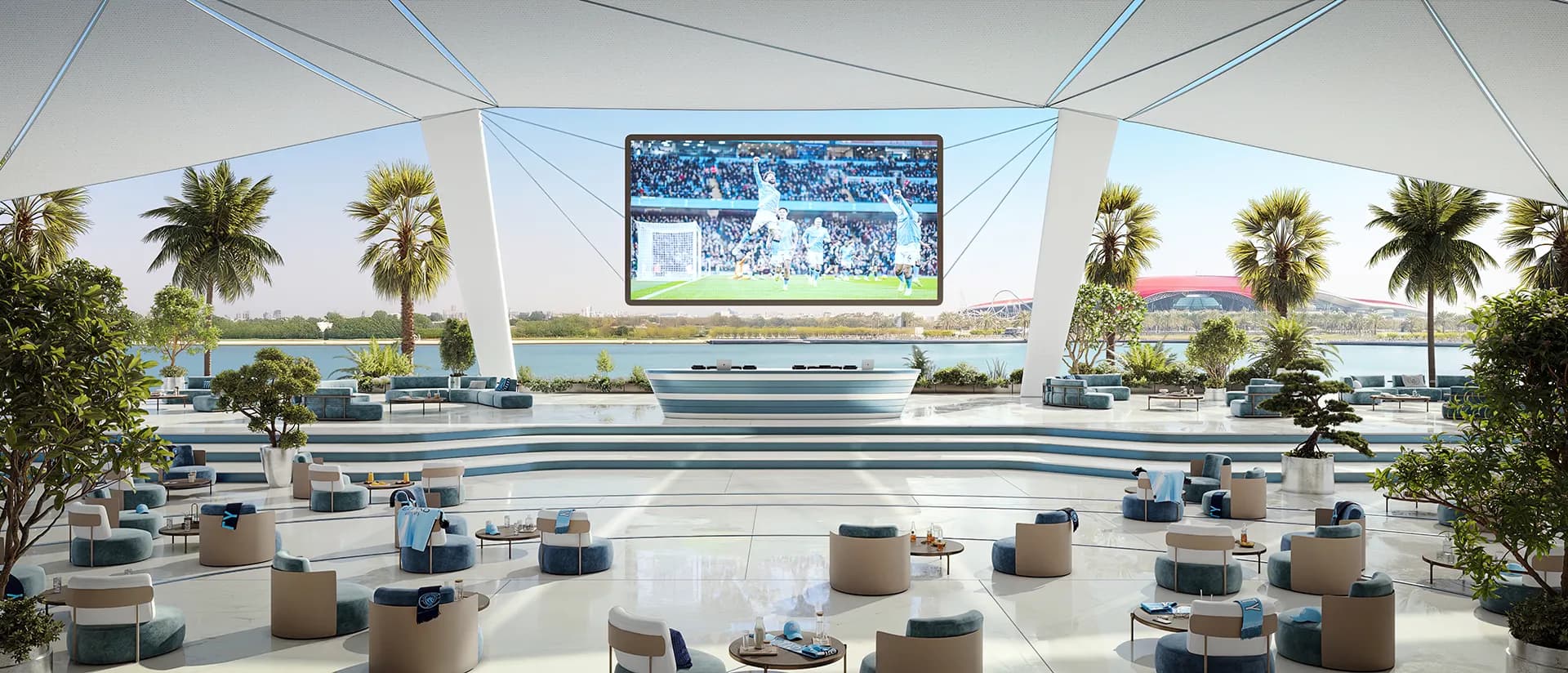 Match Day Terrace for shared football experiences at Manchester City Yas Residences on Yas Canal