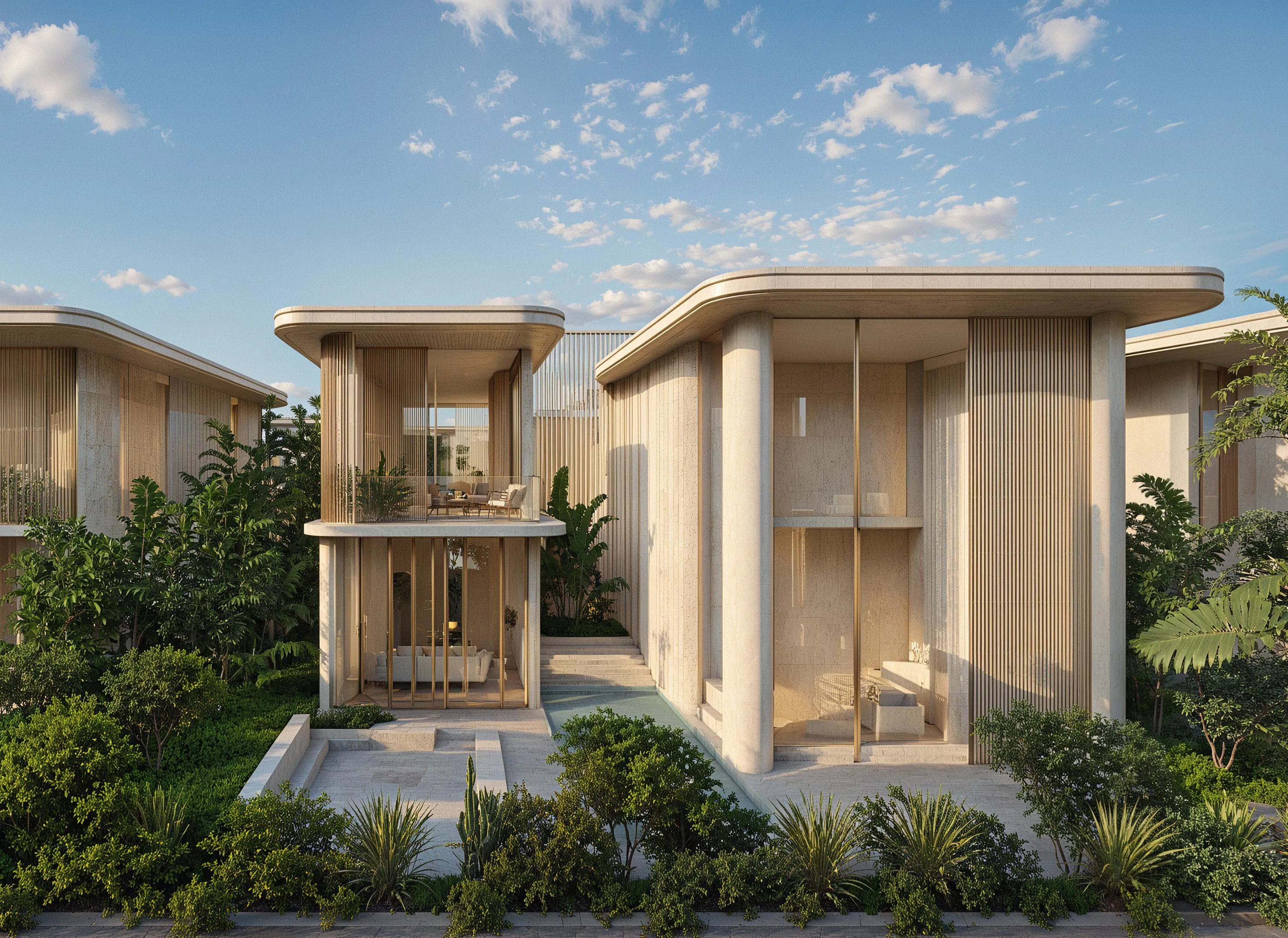 Aerial render of Manchester City Yas Residences townhouses and villas along Yas Canal on Yas Island, Abu Dhabi