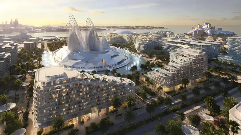 Aerial view of Mandarin Oriental Residences towers next to the museum in the Saadiyat Cultural District, Saadiyat Island, Abu Dhabi
