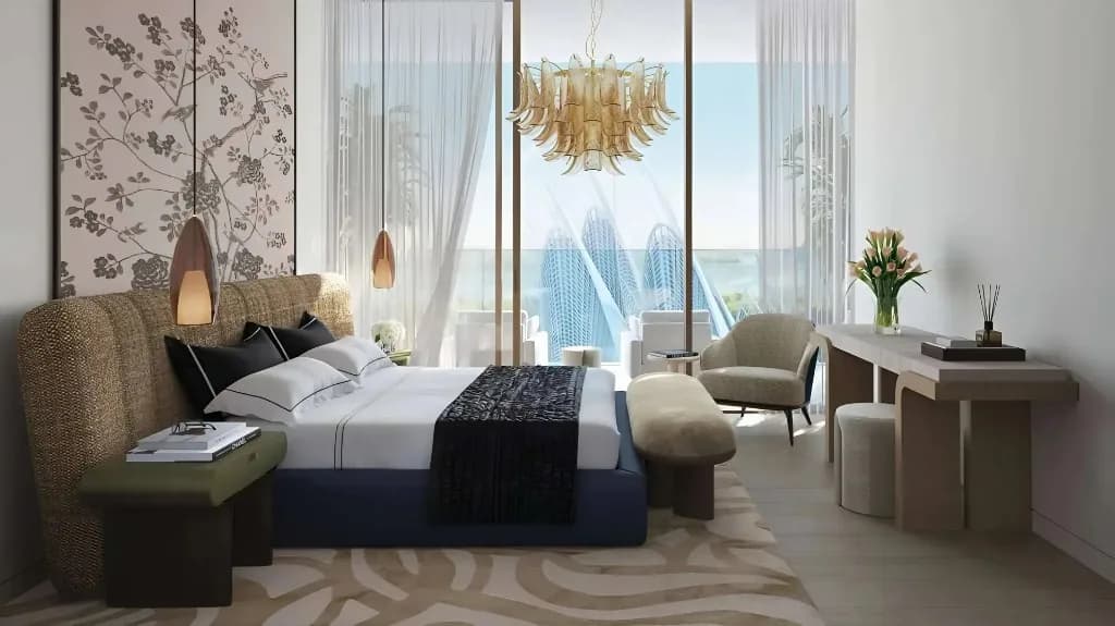 Bedroom with view toward Zayed National Museum at Mandarin Oriental Residences in the Saadiyat Cultural District, Abu Dhabi