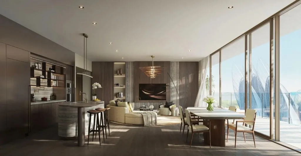 Living and kitchen interior with museum outlook at Mandarin Oriental Residences in the Saadiyat Cultural District, Abu Dhabi