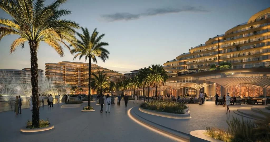 Promenade and plaza at dusk near Mandarin Oriental Residences in the Saadiyat Cultural District, Abu Dhabi