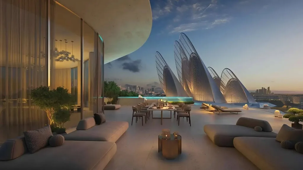 Terrace dusk view toward the museum from Mandarin Oriental Residences in the Saadiyat Cultural District, Abu Dhabi