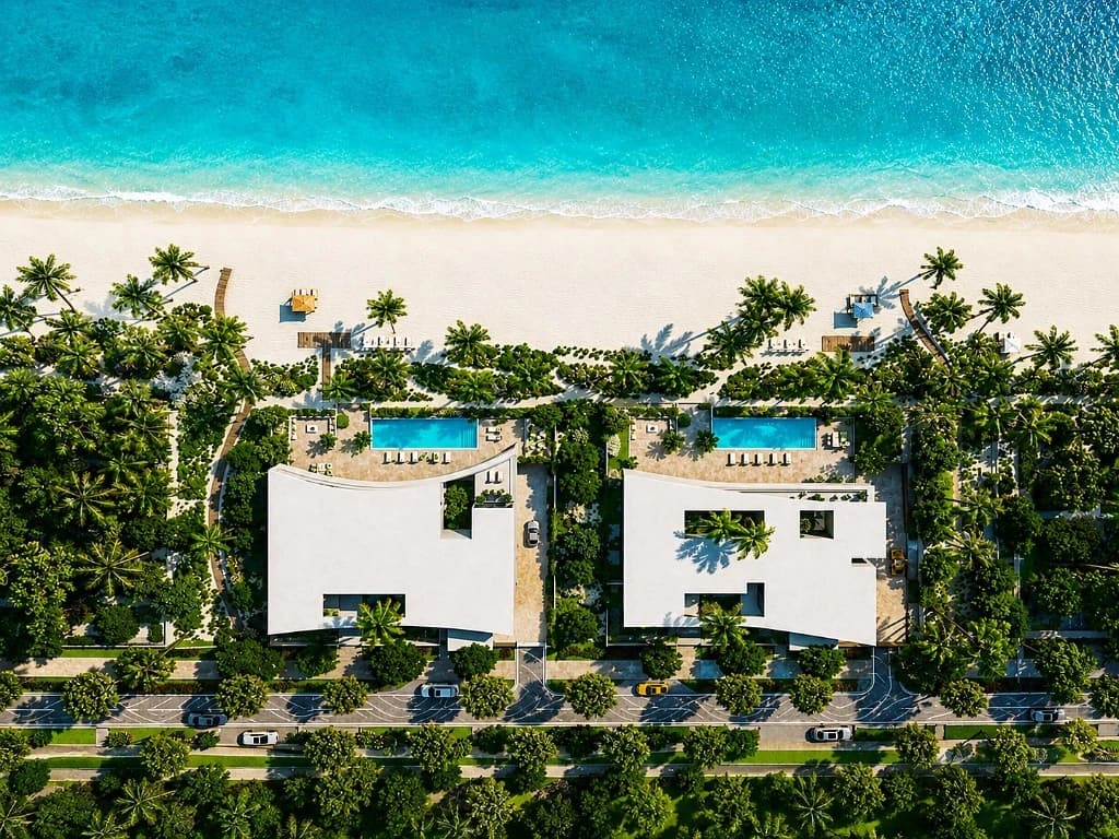 Beachfront villas aerial at Marsa Al Saadiyat on Saadiyat Island, Abu Dhabi