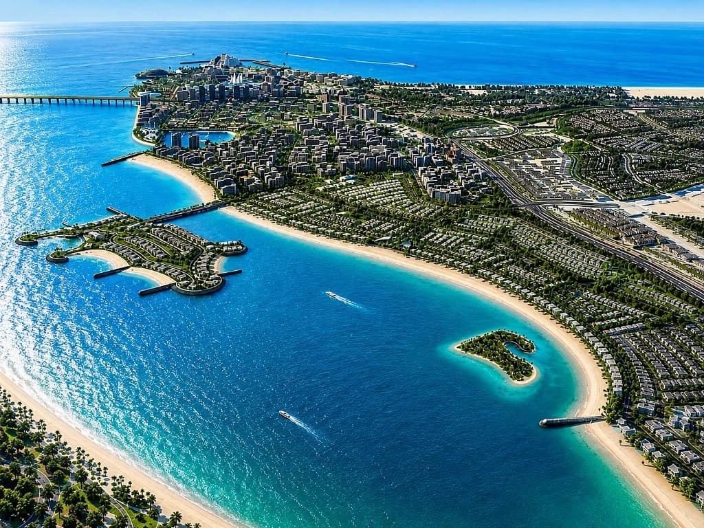 Talay at Marsa Al Saadiyat masterplan aerial on Saadiyat Island, Abu Dhabi, waterfront context by Aldar