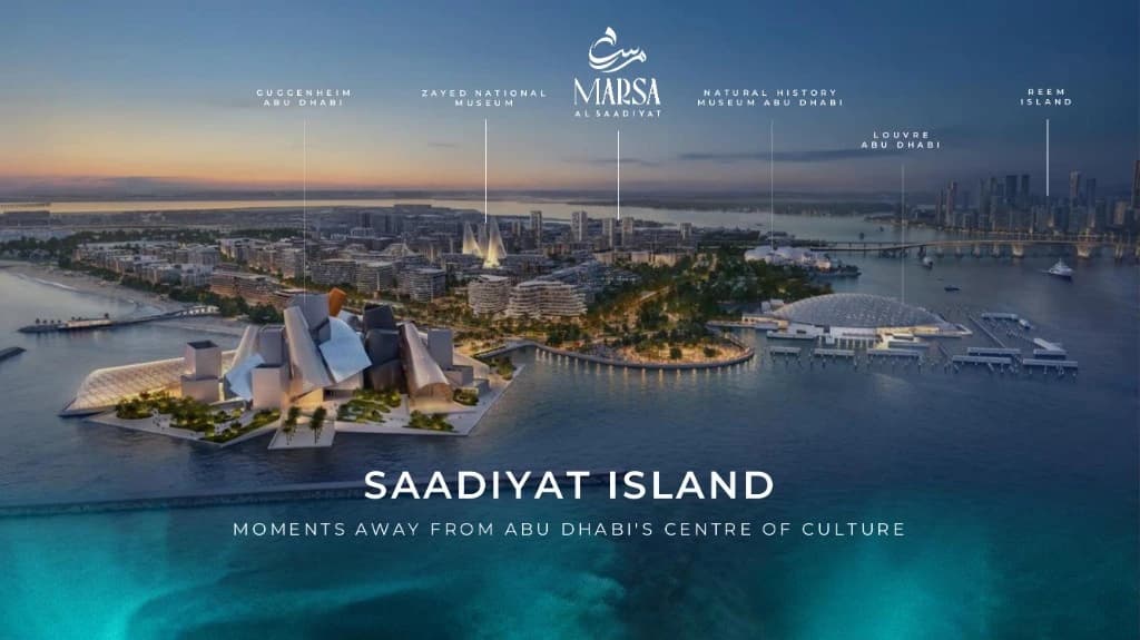 Marsa Al Saadiyat and Saadiyat Cultural District Map showing Marsa Al Saadiyat's proximity to Louvre Abu Dhabi, Zayed National Museum, Guggenheim Abu Dhabi, and Natural History Museum on Saadiyat Island