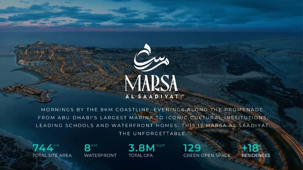 Marsa Al Saadiyat masterplan at a glance Marsa Al Saadiyat masterplan overview showing 744 hectare site area, 8km waterfront, and 3.8 million sqm total GFA