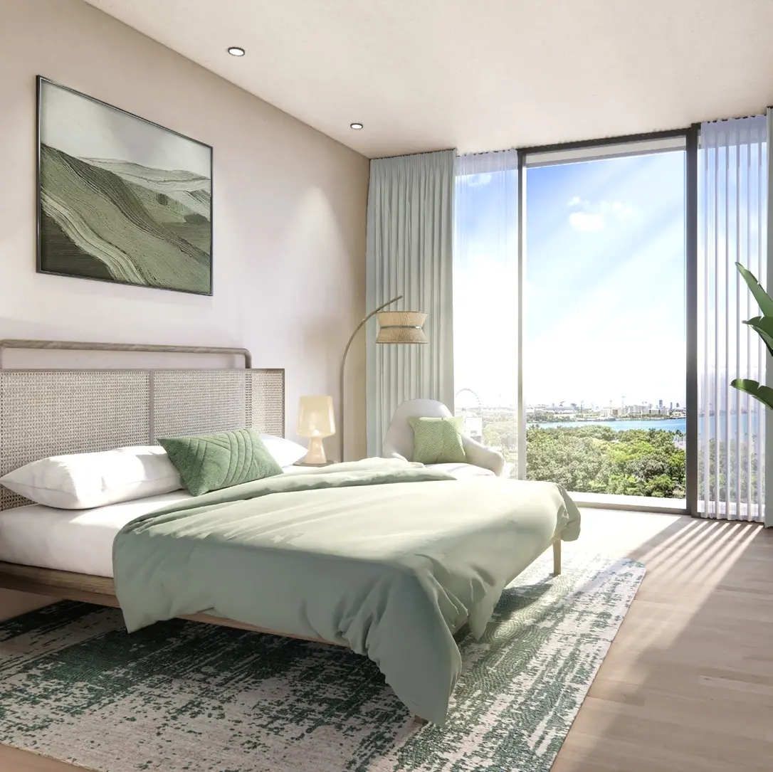 Naseem Al Jurf apartment bedroom overlooking the canal landscape
