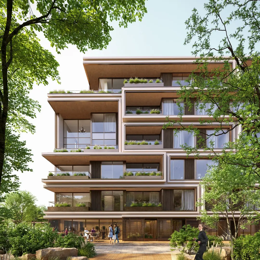 Naseem Al Jurf apartment facade framed by mature woodland
