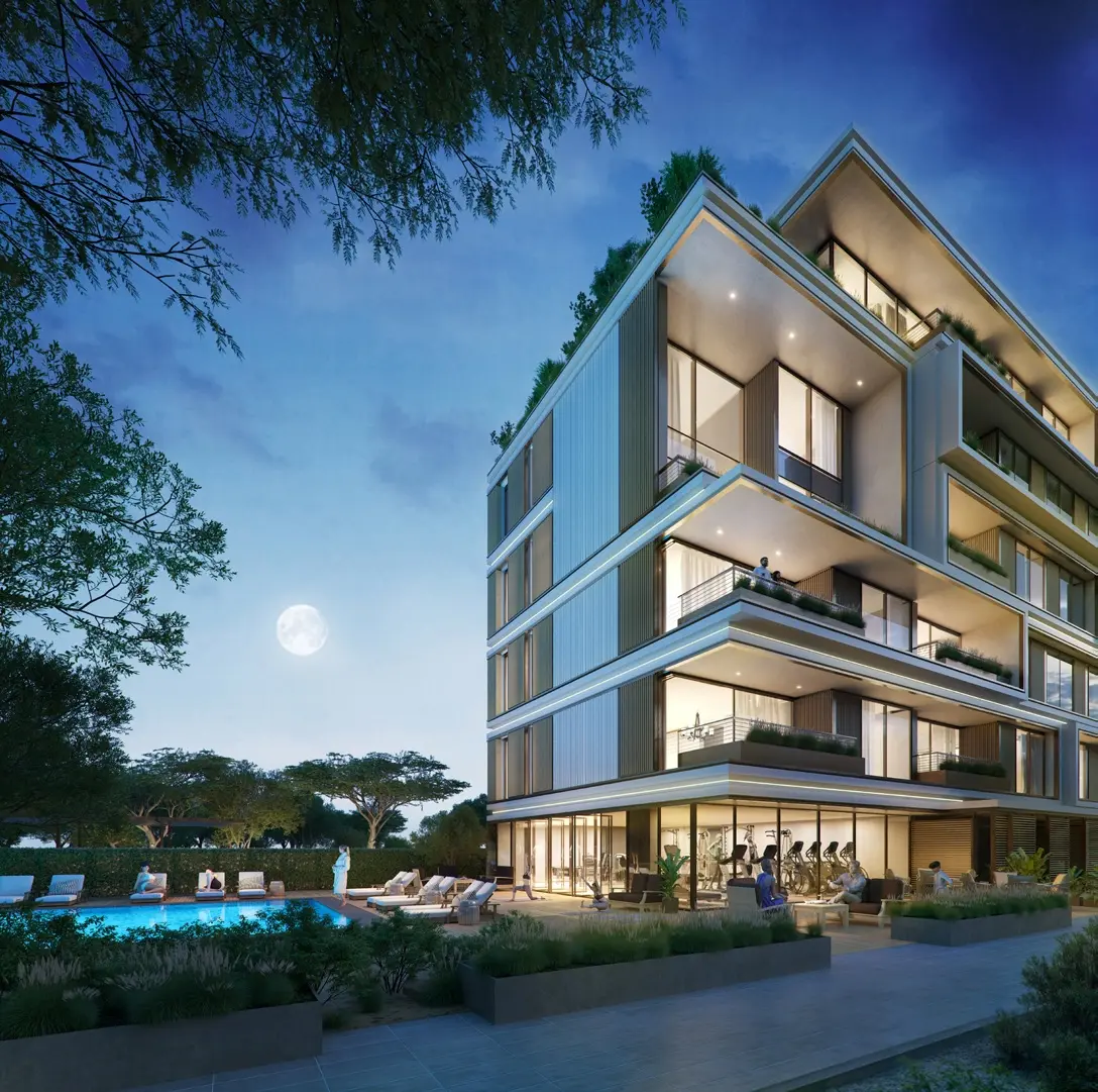 Naseem Al Jurf West Block apartments beside the resident pool