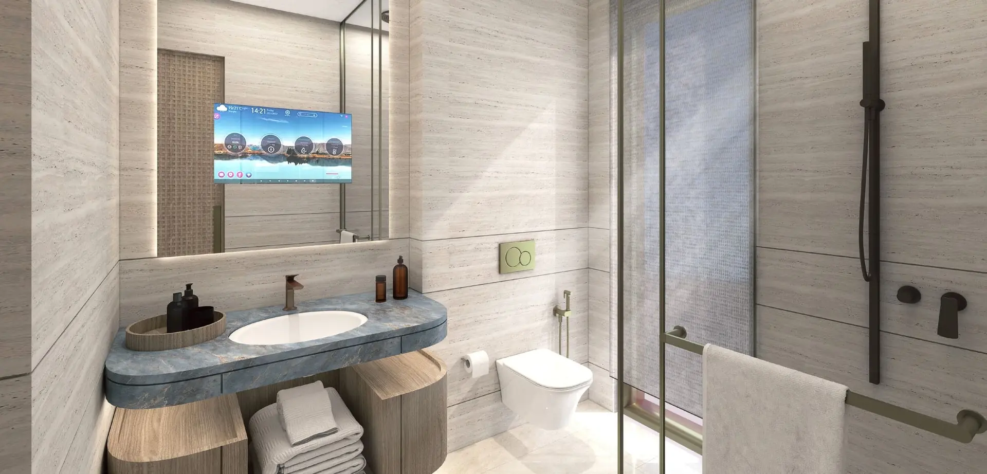 Naseem Al Jurf bathroom with accent tile countertop and backsplash