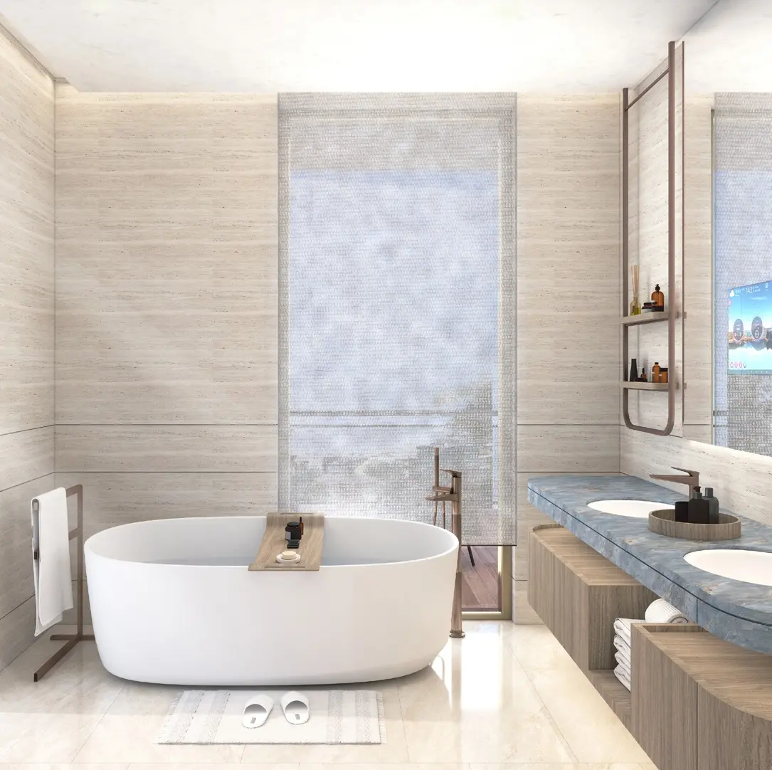 Naseem Al Jurf bathroom with freestanding bath and tiled finishes
