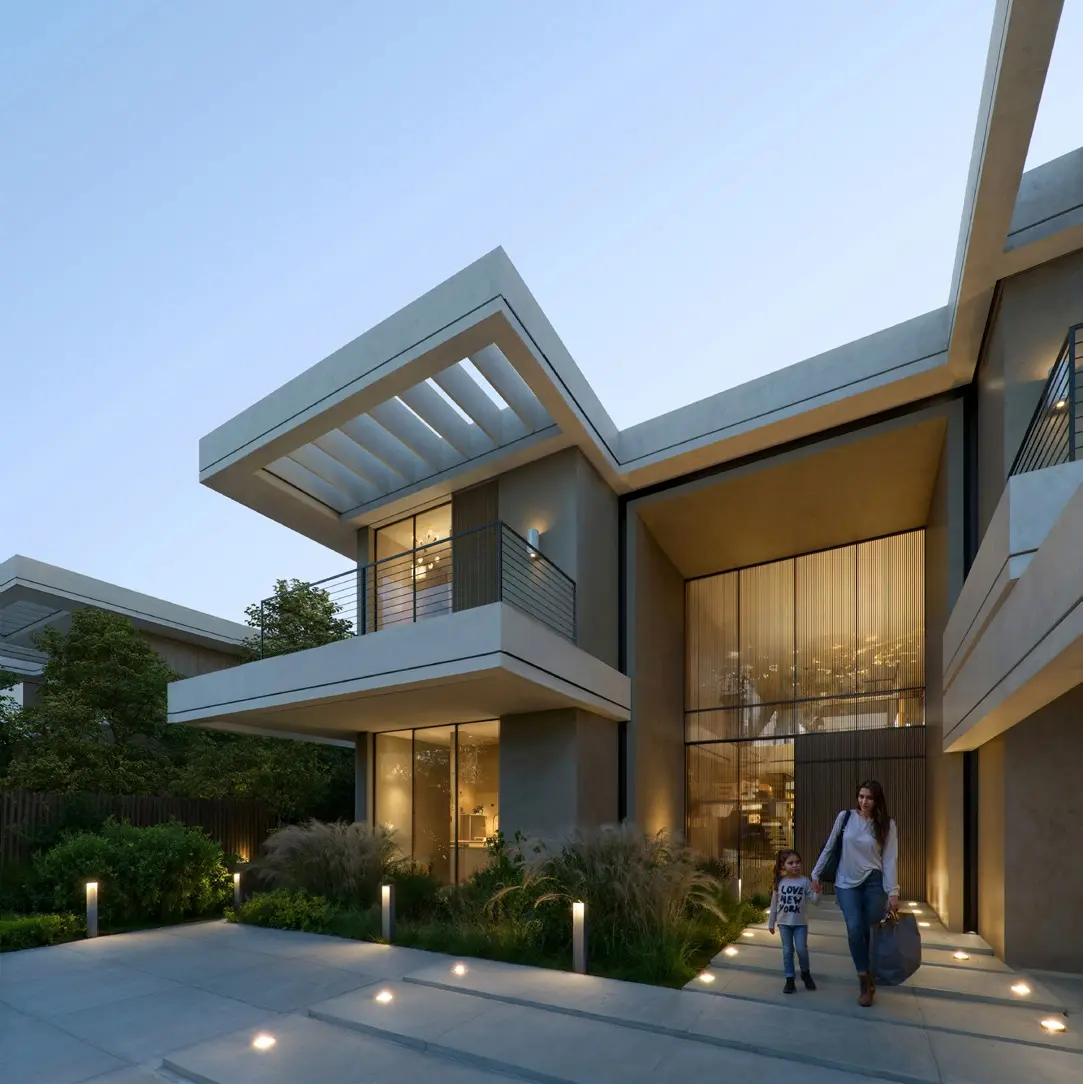 Naseem Al Jurf Canal Villa Frame entrance and double-height glazing