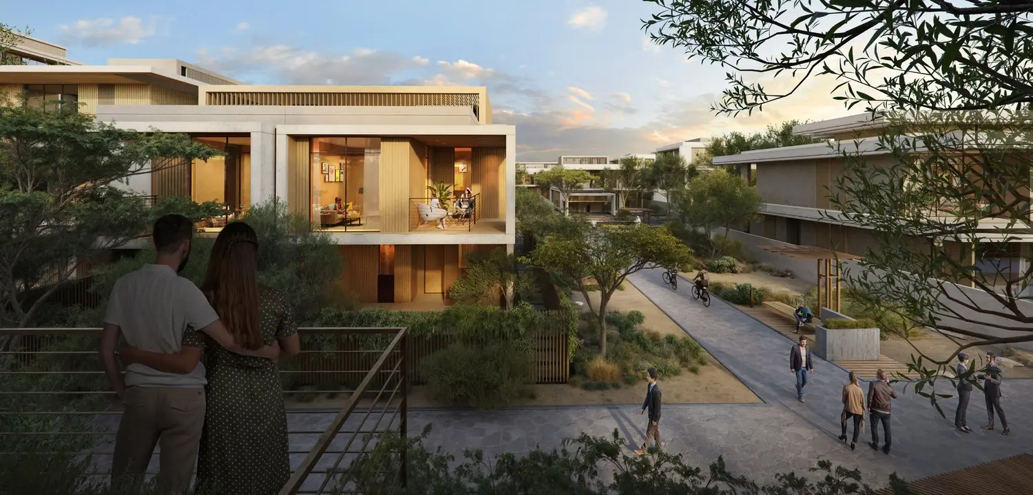 Naseem Al Jurf townhouse streetscape and landscaped pedestrian route