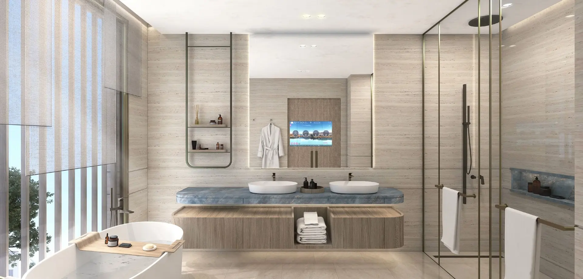 Naseem Al Jurf bathroom with double vanity and accent countertop tile