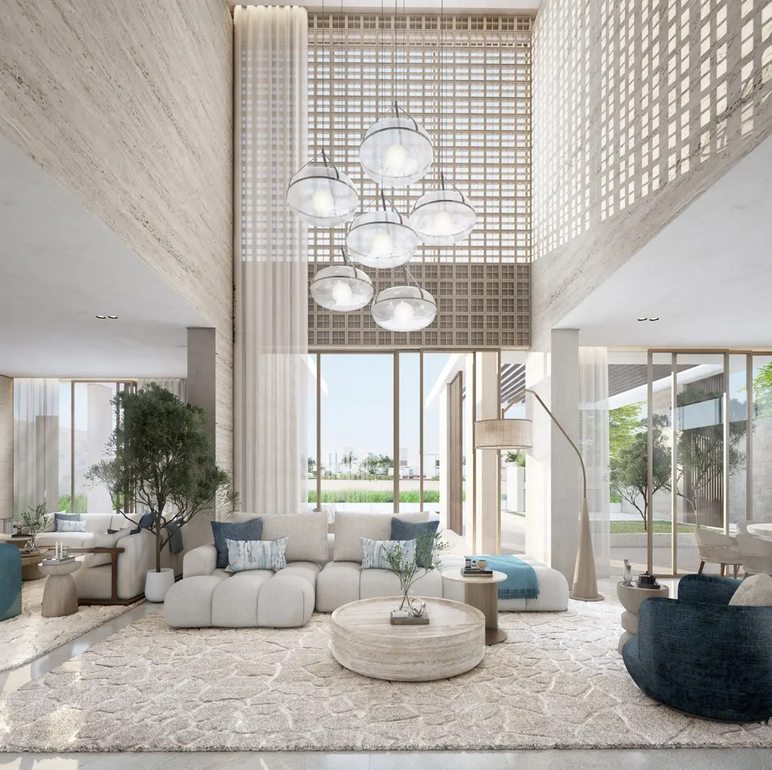 Naseem Al Jurf double-height villa living room with textured finishes