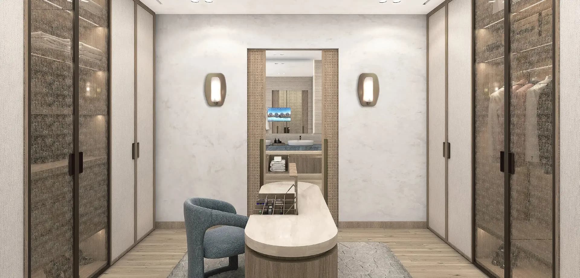 Naseem Al Jurf dressing room with laminated glass wardrobes