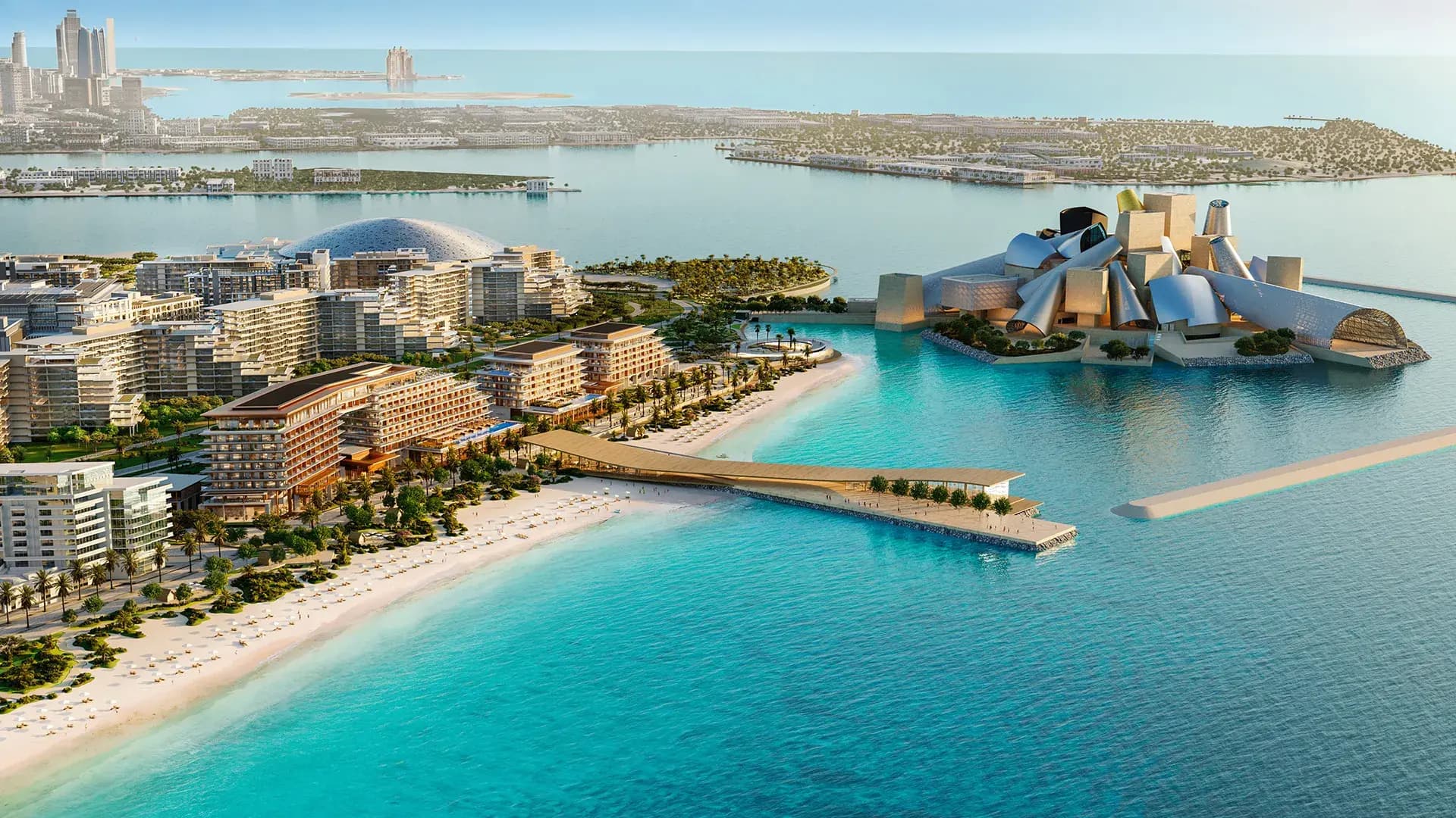 Aerial view of Nobu Residences Abu Dhabi on Mamsha Al Saadiyat, Saadiyat Island, overlooking Guggenheim Abu Dhabi and Louvre Abu Dhabi