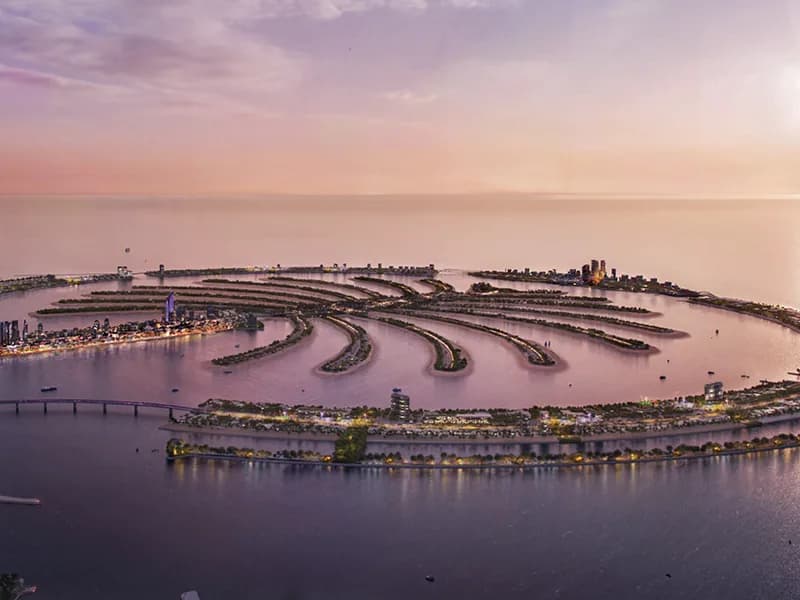 Palm Springs by Nakheel, developer Nakheel, Dubai: aerial at dusk of a Nakheel palm island published as Palm Jebel Ali. This photograph is not the Palm Springs community.