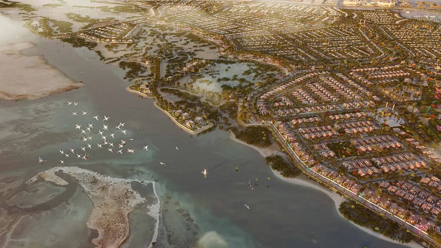 Aerial view of Saadiyat Lagoons mangrove villas by Aldar on Saadiyat Island, Abu Dhabi