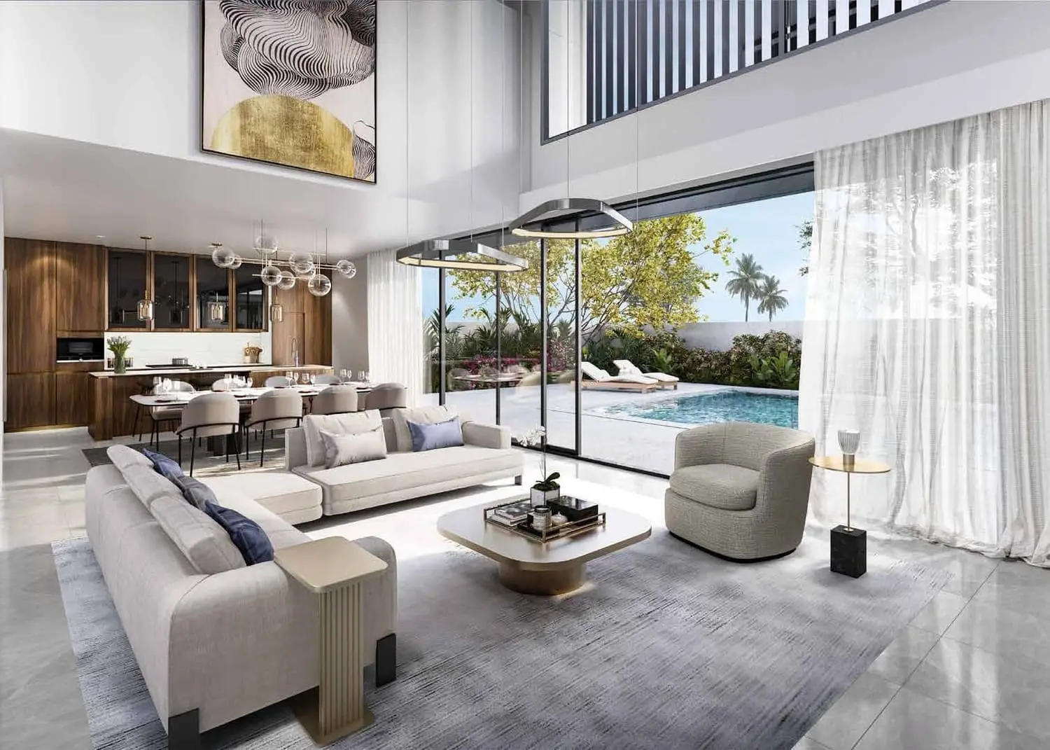Saadiyat Lagoons villa double-height living room and kitchen by Aldar on Saadiyat Island, Abu Dhabi