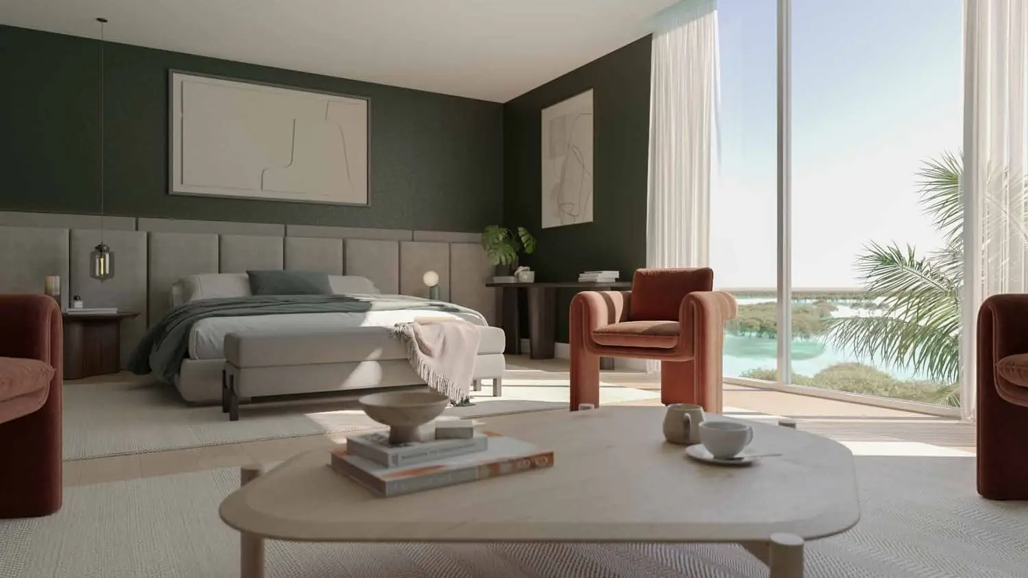Saadiyat Lagoons villa guest bedroom lounge with water view by Aldar on Saadiyat Island, Abu Dhabi