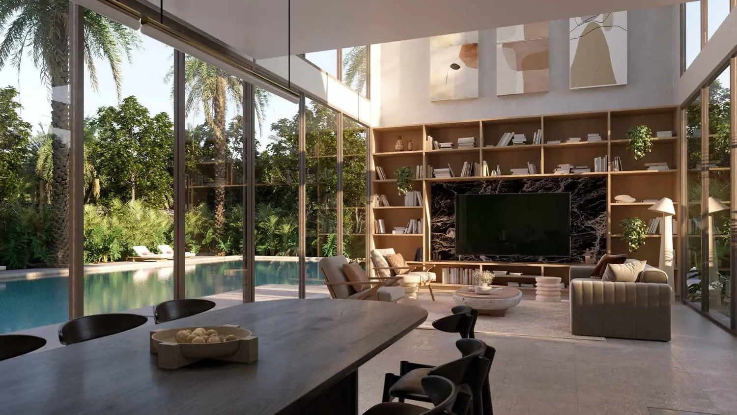 Saadiyat Lagoons villa living room opening to a private pool by Aldar on Saadiyat Island, Abu Dhabi