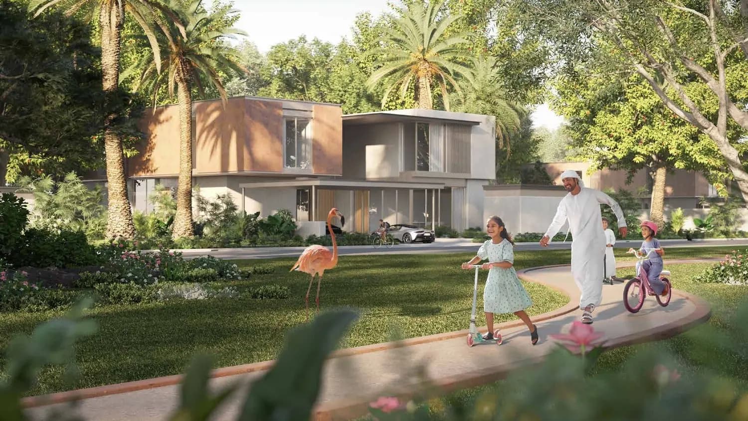 Family park path beside a Saadiyat Lagoons villa by Aldar on Saadiyat Island, Abu Dhabi