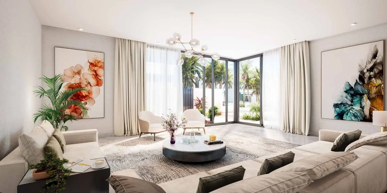 Saadiyat Lagoons villa sitting room with garden doors by Aldar on Saadiyat Island, Abu Dhabi