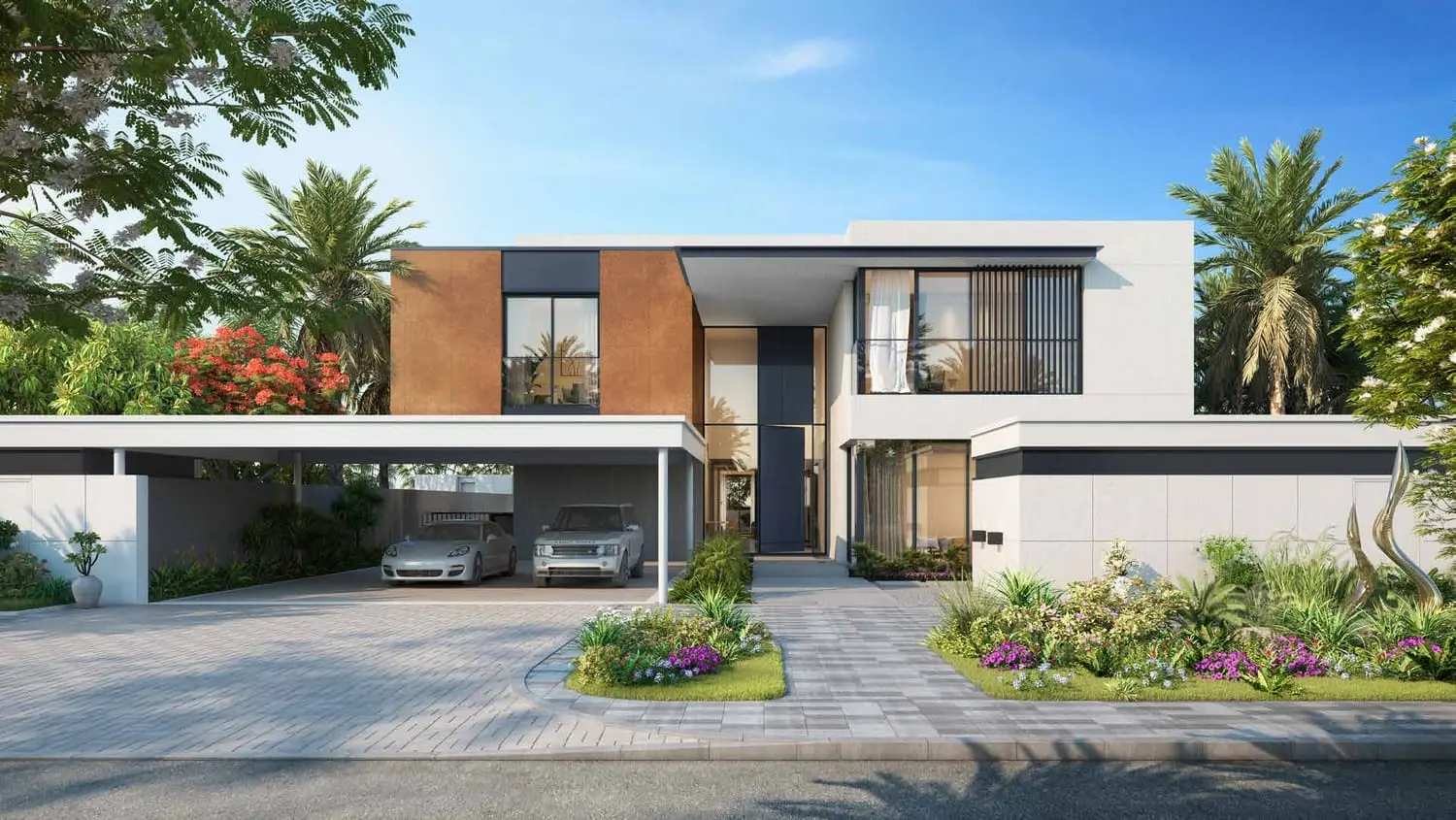 Saadiyat Lagoons villa street frontage with carport by Aldar on Saadiyat Island, Abu Dhabi