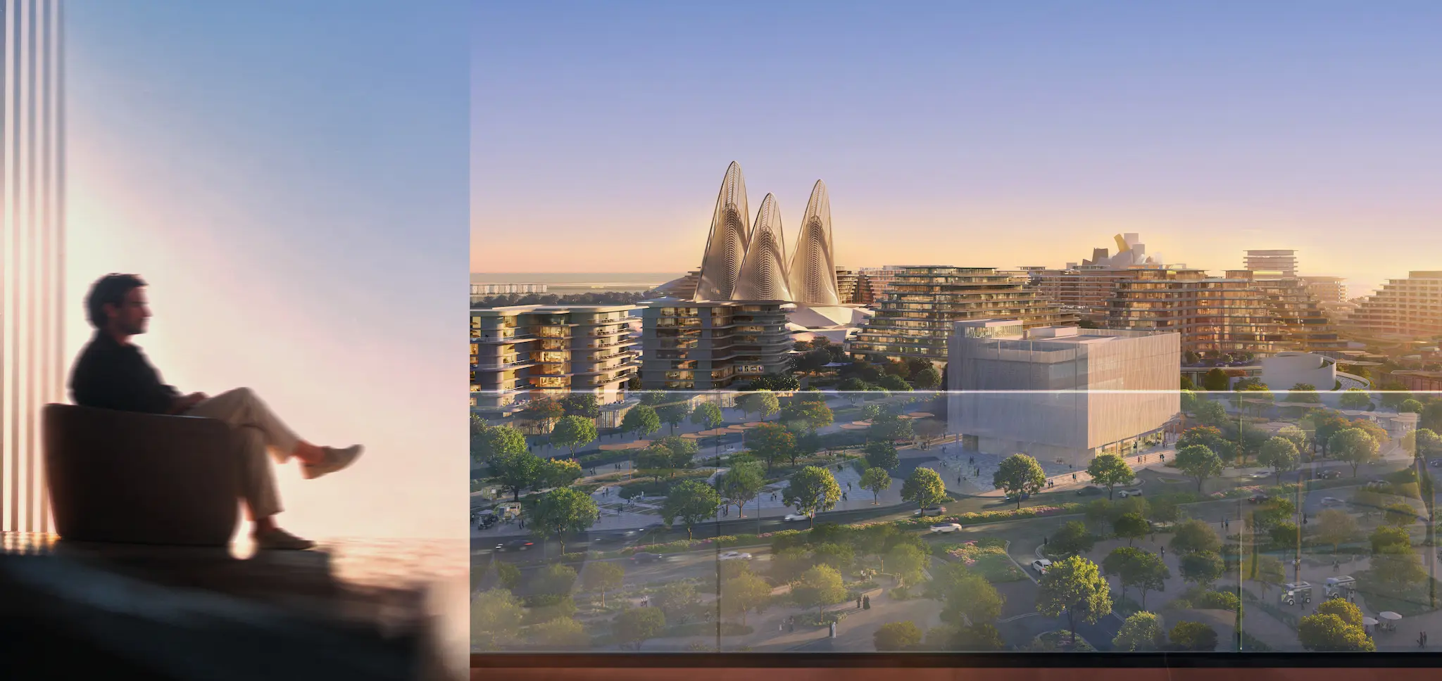 Sei Saadiyat residence sunset view toward Zayed National Museum in Saadiyat Cultural District, Abu Dhabi