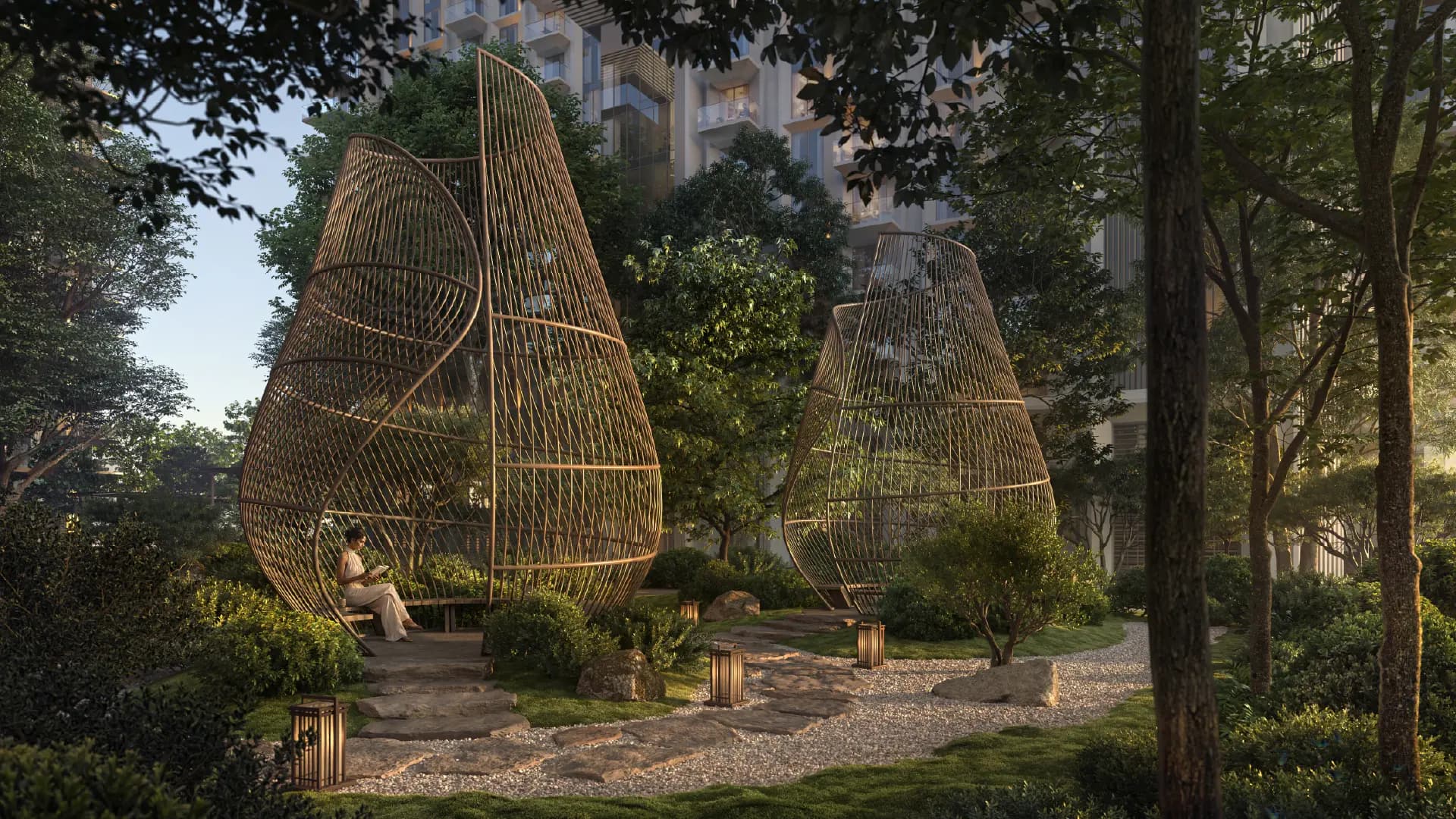 Sei Saadiyat pod garden with woven wellness pavilions in Saadiyat Cultural District, Abu Dhabi