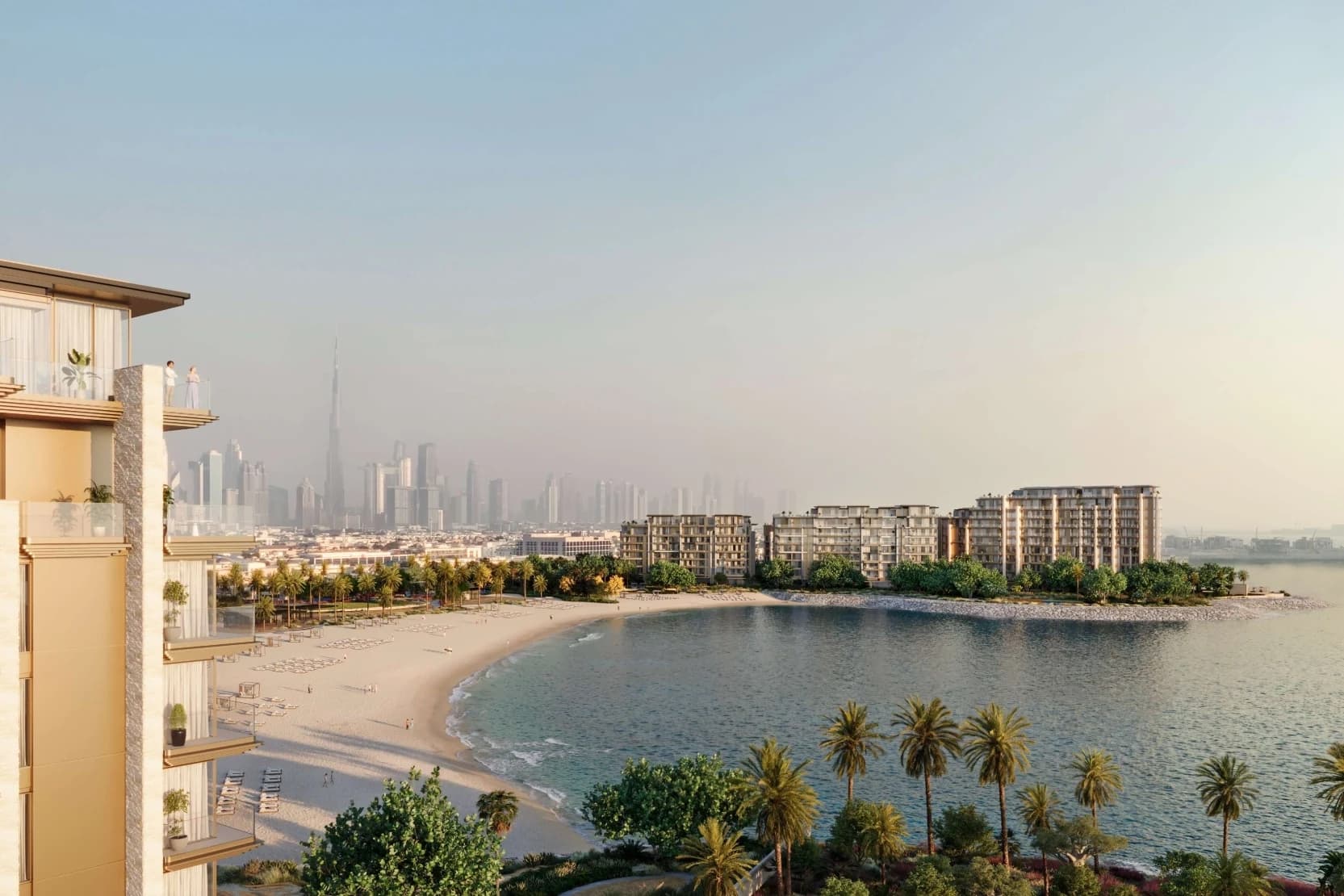 Panoramic beachfront view of Solaya by Meraas at La Mer, Jumeirah First, Dubai with Burj Khalifa skyline