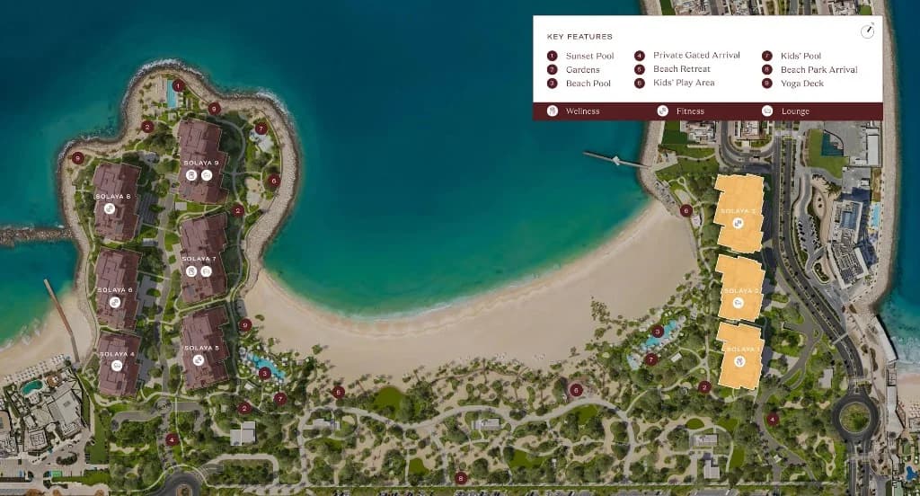 Solaya by Meraas masterplan site plan at La Mer, Jumeirah First, Dubai showing nine beachfront buildings and shared amenities