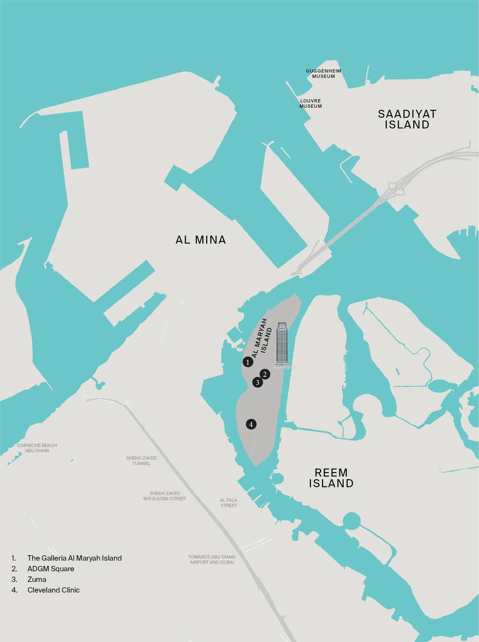 Map showing St. Regis The Residences on Al Maryah Island in Abu Dhabi