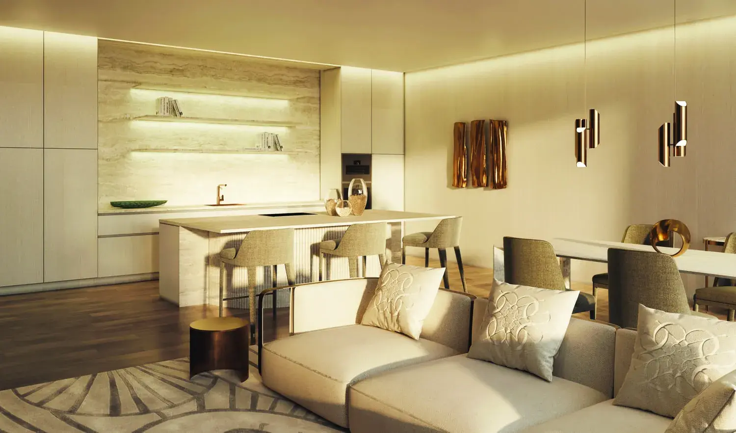 Open-plan kitchen and living area at Stellar by Elie Saab finished in warm stone and timber tones