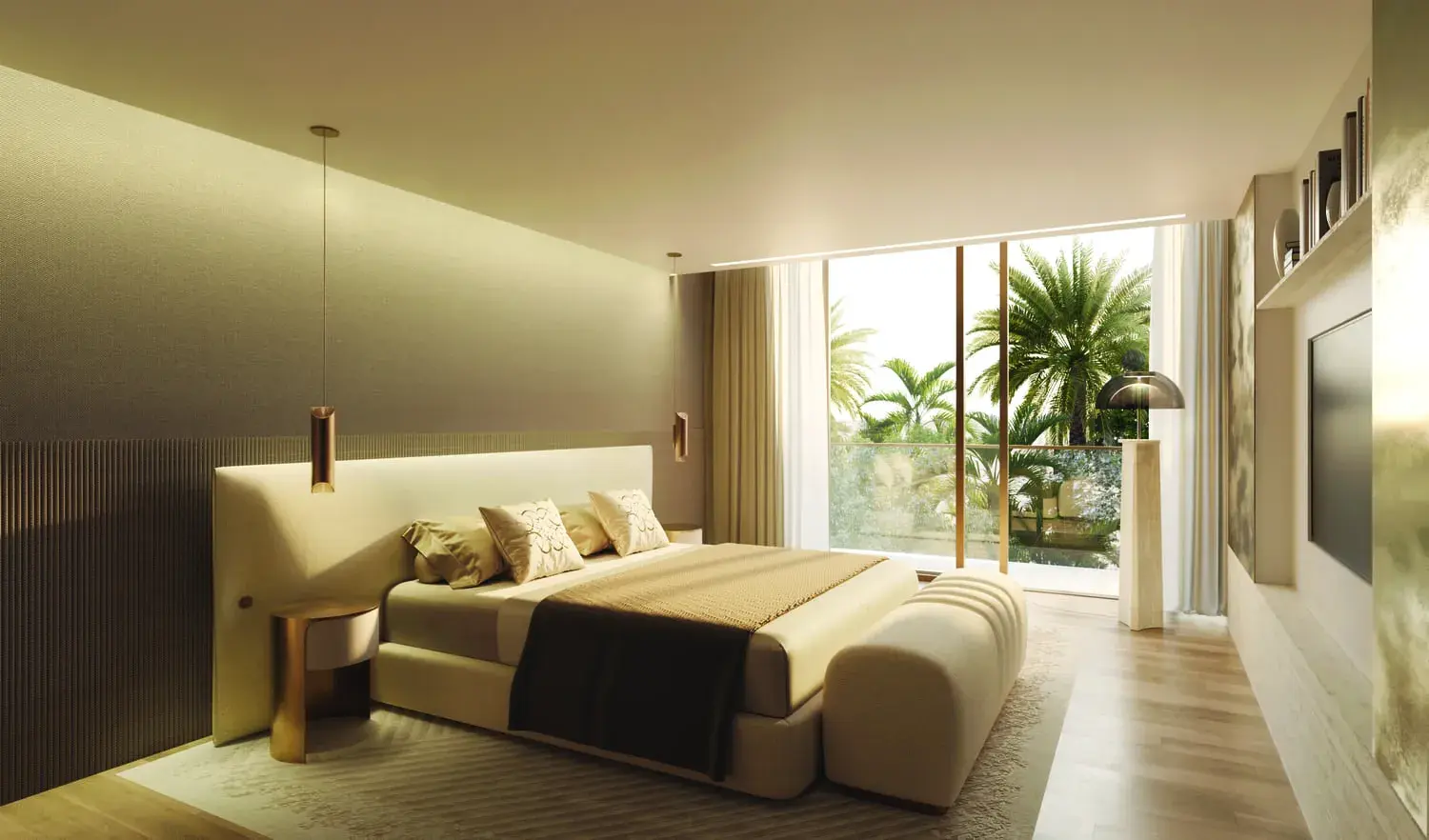 Serene bedroom at Stellar by Elie Saab with floor-to-ceiling windows overlooking a landscaped garden