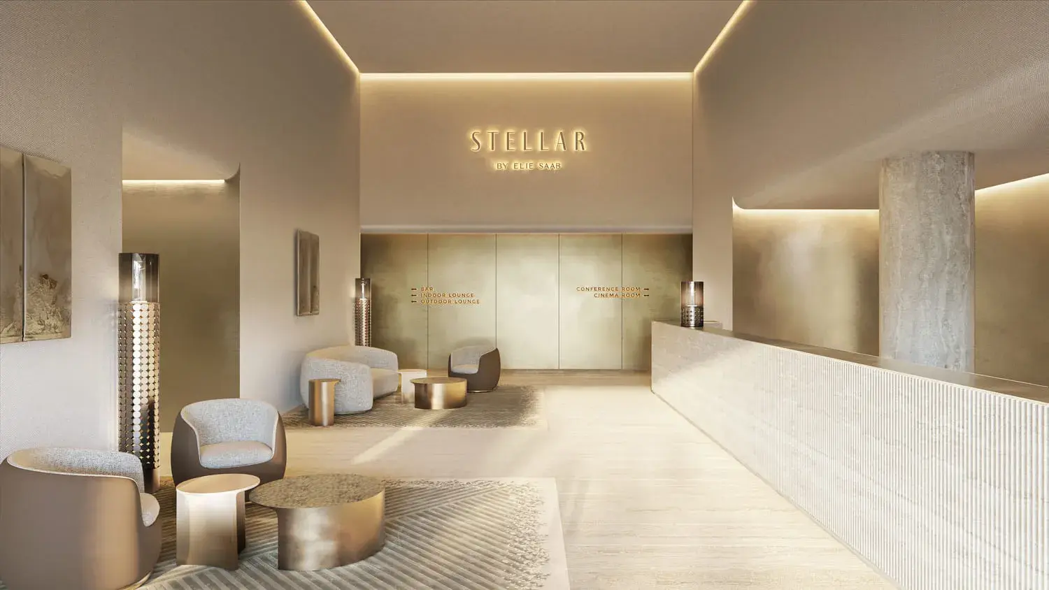 Stellar by Elie Saab reception lobby with illuminated stone desk and warm branded interior design