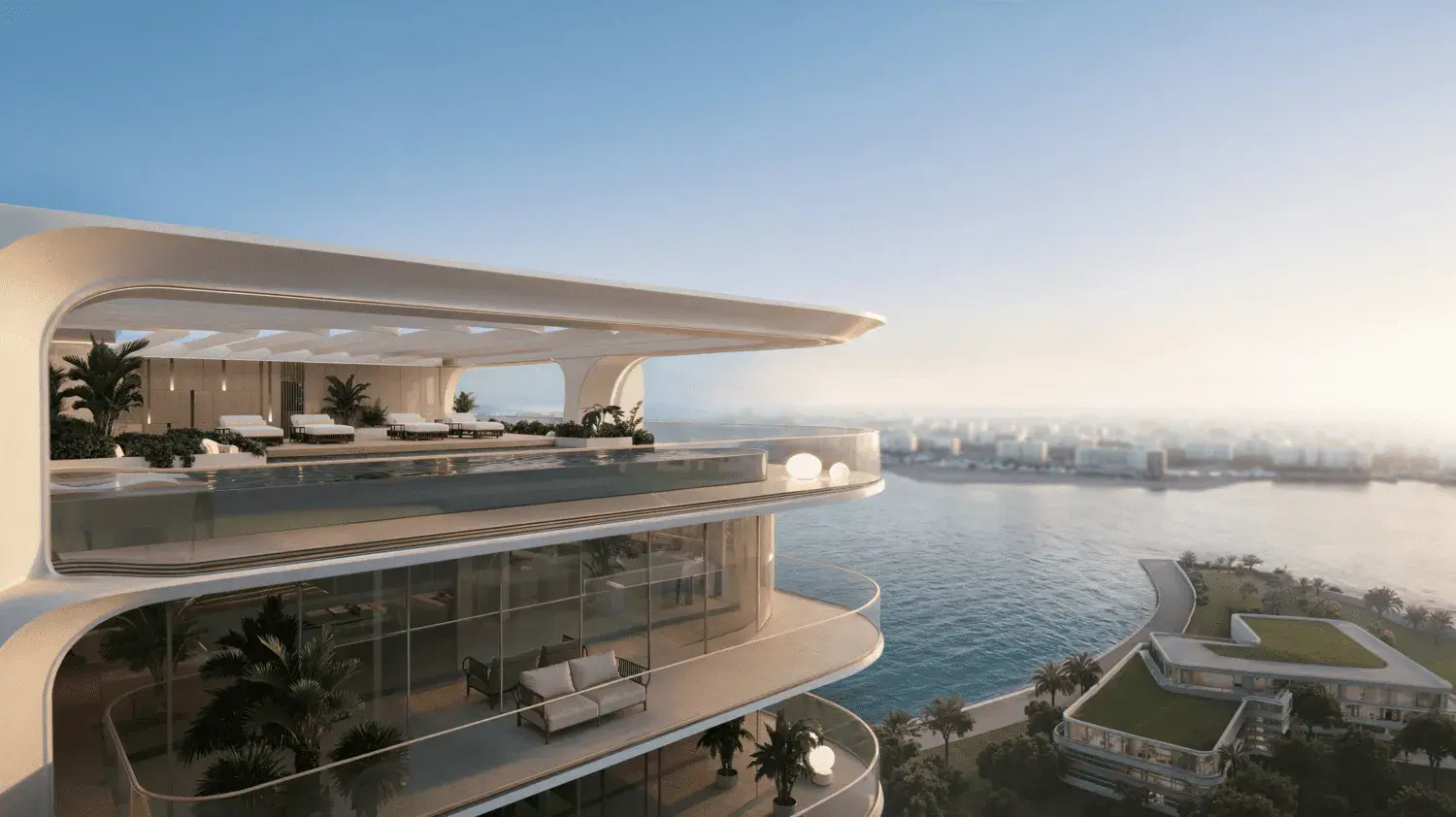 Curved waterfront terraces at Stellar by Elie Saab with panoramic sea views from Yas Island, Abu Dhabi
