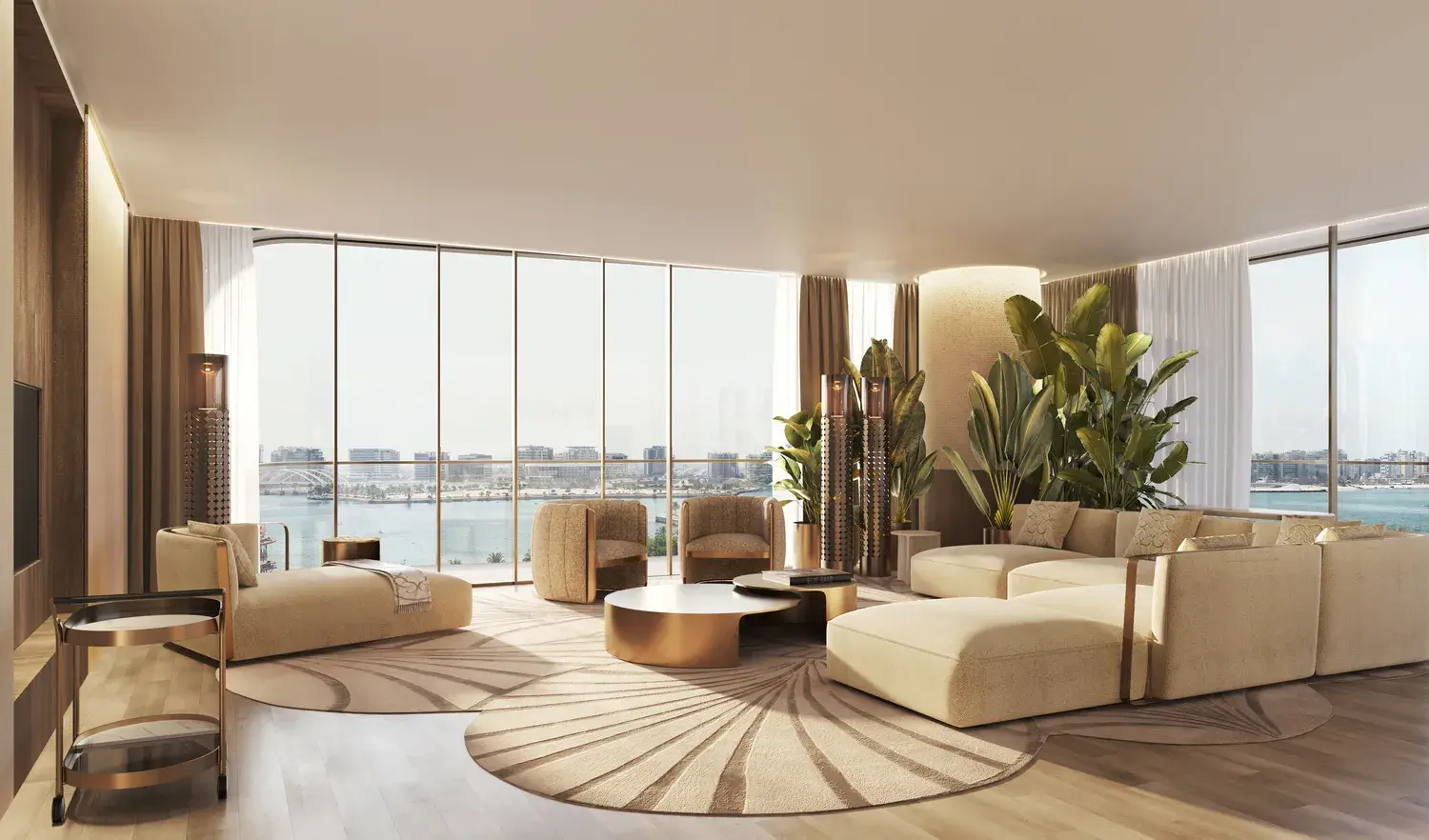 Duplex penthouse living space at Stellar by Elie Saab with expansive glazing and views across Yas Island